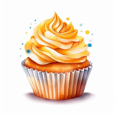 on white background cute and vibrant clipart featuring orange cupcake in watercolor style, hyper realistic photo flat color
