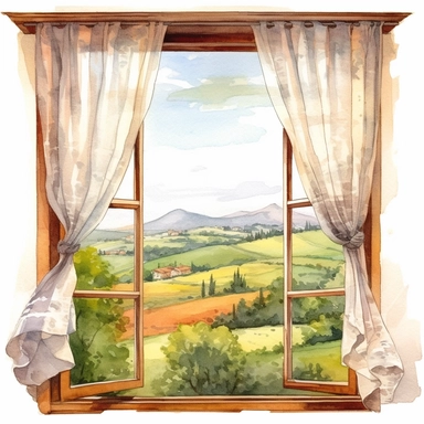 watercolor, hyper realistic, white background, white margins, 16k, ultra detailed clipart, cut out image, hand-drawn a kitchen window with curtains, showcasing a scenic view of rolling hills and fields. in the style of colorful ink wash paintings, charming character illustrations, piles/stacks, creative commons attribution, digital painting, barroco