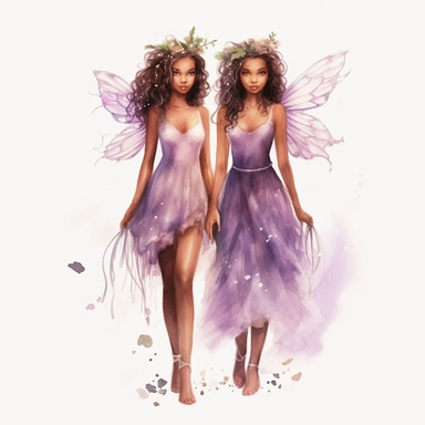 twin cute stunning brown skin fairy girls clipart watercolor purple dress [turnabout] front view, looking at camera cw, 8k, hd v5 line drawing full body length fairyland forest