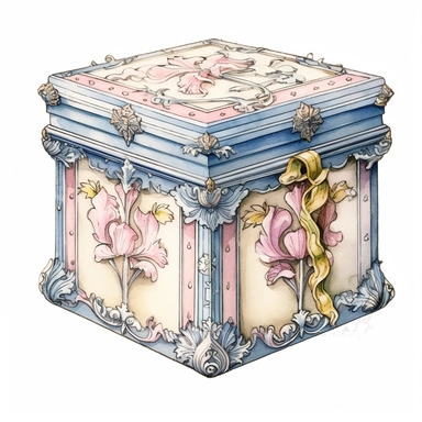 vintage style Detailed light and shadow, 2D outline, A beautifully patterned neo rococo Victorian baroque hyper realistic box in varying hues of pale pink, blue and yellow, stunningly beautiful, refined and sophisticated, Hand drawn, cicely mary barker ,realistic watercolor, Clipart, emotionally pleasing watercolor, i can't believe how beatiful this is,accurate detailed line art, white background, intricate detail, clean line art, saturated fantasy watercolor