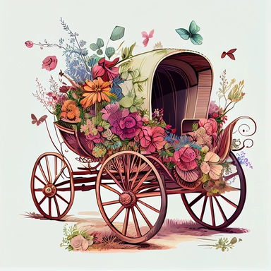 Floral Boho Wagon Buggy Illustration clipart, 4K, extremely detailed