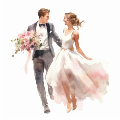 watercolor, drawing, illustration of the bride and groom, full length, bride short hair, laughing, wedding dance, holding a bouquet, flowers, clipart, high resolution format, photorealistic, 3D, 4K