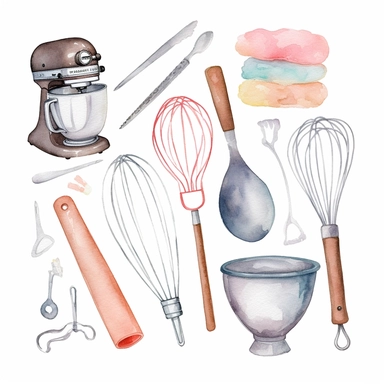 basic watercolor baking tools in minimal hand drawn style, Etsy, textured, clipart, white background