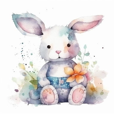 watercolor stuffed toy rabbit with flowers, clipart , cute, alcohol ink, splatter effect