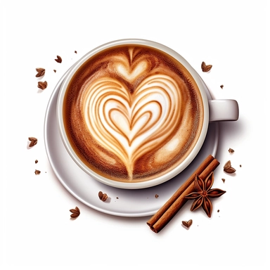 Isometric illumination of commercial shot of ultra - realistic watercolor painting of a really delicious coffee with sticks of cinnamon and anise star, latte art heart clipart, good looking food, delicious, yummy, foodie, healthy, white background no text, isolated on white, watercolor illustration, award winning, strong and sharp lines, upscale