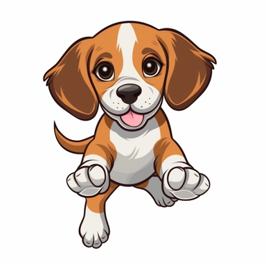 Generate a cute cartoon beagle puppy jumping clipart with a white background. The cat should be facing forward and have large round eyes and a small triangular nose. The ears should be pointy and slightly tilted backwards. The fur should be smooth and have a light pastel color, and there should be no shadows, borders, or watermarks. Please ensure that the image is crisp and sharp