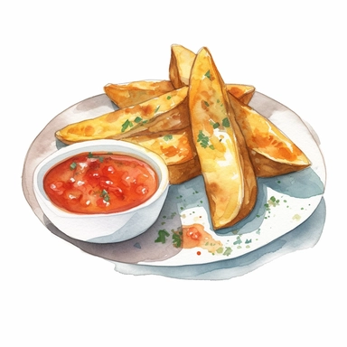Watercolor detailed illustration ofPotato wedges served with dipping sauce on a plate, clipart, white background