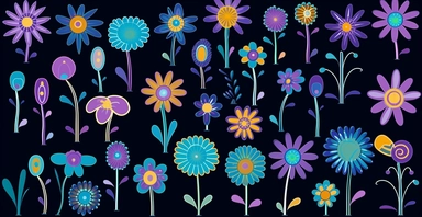 clipart flowers cliparts clipartflowers cliparts clipflowers clipart flowers clipart purple, in the style of stephen ormandy, dark cyan and blue, marguerite blasingame, childs drawing, 1970–present, jan berenstain, cross-processing/processed on a black background