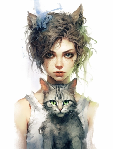 avatar character with a cat face, clipart png, realistic, digital painting, WHITE BACKGROUND, fantasy style, realistic, painting, watercolor, 8k, ultra details,