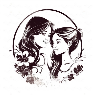cameo clipart, mom and teen daughter, white background