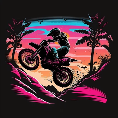 tshirt design, dirtbike jump, female motocross rider, retro sunset, pink colors, clipart style, black background