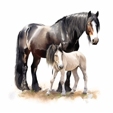 shire horse horse and foal watercolour painting realistic yet stylized, digitally enhanced, clipart, 32k uhd, detailed crosshatching white background