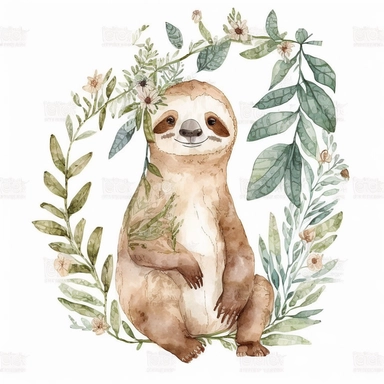 watercolor clipart funny sloth with plants white background