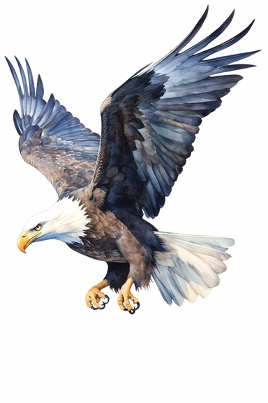 bald eagle, use a combination of vibrant colors and subtle variations in color to capture the freshness and vitality of the scene. Let the transparent and flowing nature of watercolors add a sense of lightness and movement to the painting, clipart, plain isolated white background, 8k ultra detail high sharpness