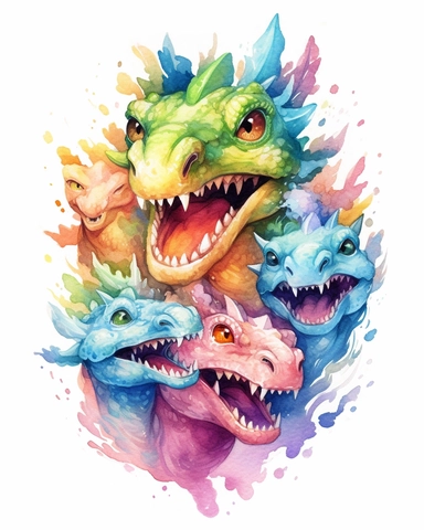 watercolored baby dragon laughing with 5 heads clipart multicolored