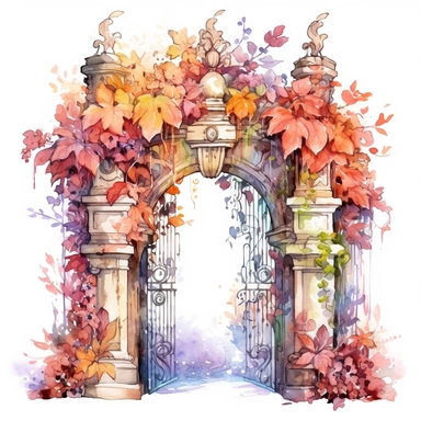 Fantasy Floral Gate Clipart, Watercolor Cartoon, hyper realistic, intricate detail, illustration style, high resolution, on the white background