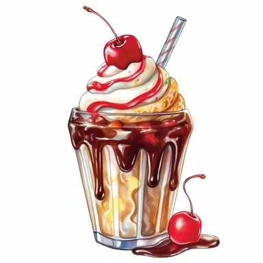 hd watercolor clipart, hot fudge sundae, fully detailed,