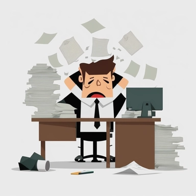 create a clipart for a presentation showing employee sitting behind the desk. The employee has 5 arms and is working frantically. Papers and documents are piling up on his desk. View from behind. White background