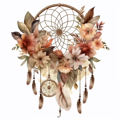 Boho Beige dreamcatcher with feathers Flowers, watercolors broader in cycle frame, clipart, highly detailed, HD