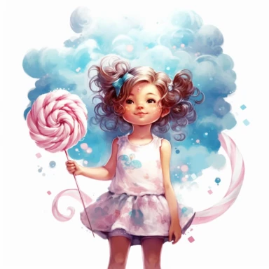 A lone adorable happy girl Eating a cotton candy cloud clipart, adorned with delicate sugar embellishments, her enchanting silhouette captures the whimsical beauty of the Candyland world. Clipart, watercolor, white background, intricate detail, hyper realistic, unreal engine cinematic smooth, ink rendering strong contour