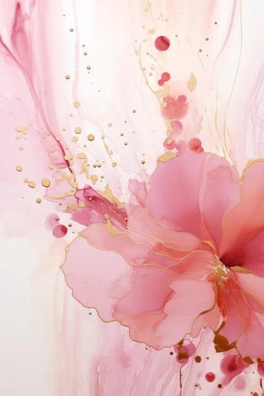 beautiful gorgeous alcohol ink of gold serene nature scene with a central focus on a pink icebird, gentle wave , minimalist style, crystals, glam, glossy, glitter texture, liquid ink clipart, modern and stylish design, bright colors, 300 dpi, clear decoration, clear white background, highly detailed digital art, 8k