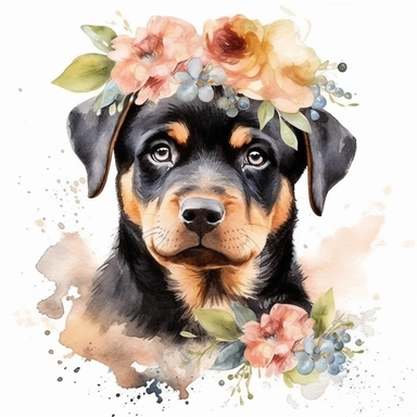 Rottweiler. Watercolor clipart of a small animal, portrait, puppy, doggy, child, flowers, nursery, crown, dog, wreath, pacifier, puppy