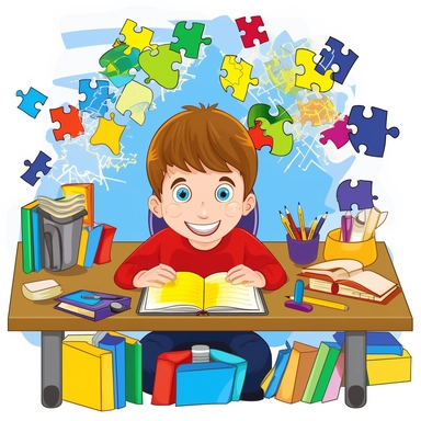 An emotive autism awareness clipart showcasing a child sitting at a desk, surrounded by puzzle pieces and books, symbolizing the importance of education and learning in helping individuals on the autism spectrum reach their full potential, Contour vector art, with bright, bold colors and expressive lines,