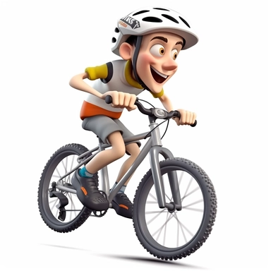 cartoon boy riding a mountain bike downhill in action, smiling, wearing a bicycle helmet with straps,full body, downhill bicycle clipart, Sport graphics, isolated on white background, 3d, rendered by pixar