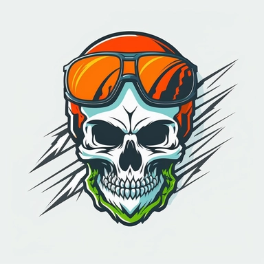 minimal logo, skull snowborder head, sunglasses, snowbord, ski, sticker disign, vector, white background, comics, clipart,