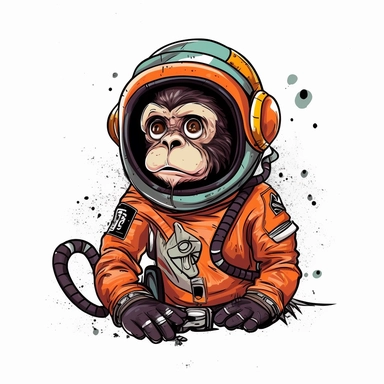 drawing of an vintage space monkey, in the style of retro, moody colors, expressive black lines, white background, clipart
