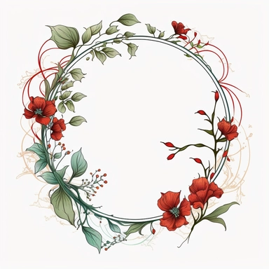 circle Botanical Frame, red flowers, white background, clipart, art nouveau