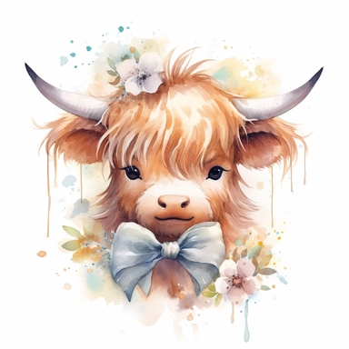 A cute highland cow adorned with a bow around its neck, adding a touch of sweetness and style, light watercolor, watercolor splash, few details, Studio Ghibli, clipart, white background