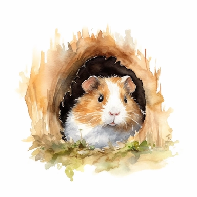 Clipart, watercolor, white background: A guinea pig in a cozy hideout, peeking out with curiosity and showcasing their instinct to burrow and find shelter.