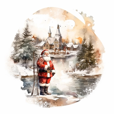 vintage design, christmas theme Watercolor Cute santa claus wearing Clipart Collection in beautiful winter landscape with a lot of snow and a small lake and small town with church, advent wreath all around, christmas theme, detailed, isolated, white backg