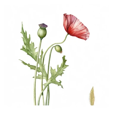 Watercolor of tall slender micro dainty poppy leaves on a single stem with closed poppy seed head. Ikebana red poppy, leaves typically have a distinctive elongated shape with a pointed tip, and are deeply lobed or dissected. The lobes are typically rounded or toothed, and may be arranged alternately or opposite each other along the stem. Floral Clipart, poppy, Minimalist Flowers Watercolor, Ikebana Clipart, Separated design