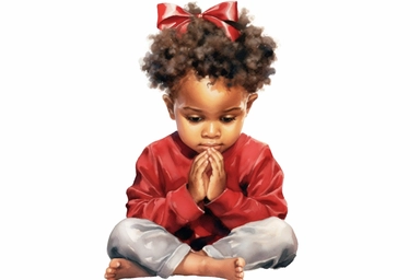 Watercolor happy cute beautiful brown skin african American baby girl praying wearing baby red and white christmas pajamas, christmas tree in the background, detailed clipart, isolated, spaced out--q 2