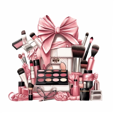 bridal party clipart, seperate items, lipstick, blush, makeup brushes, eyeshadow pallets, mascara, pink gift boxes with bows, white background, q2