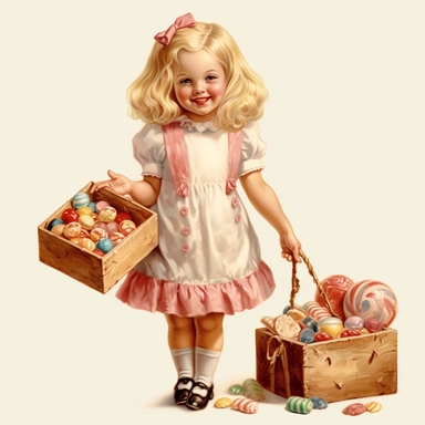 French vintage cute happy blonde little girl with pink cheeks with box full of candies and sweets, full body, clipart style, accurate details, oil painting technique, super high quality, professional oil painting clipart, high resolution, isolated white background, 8k