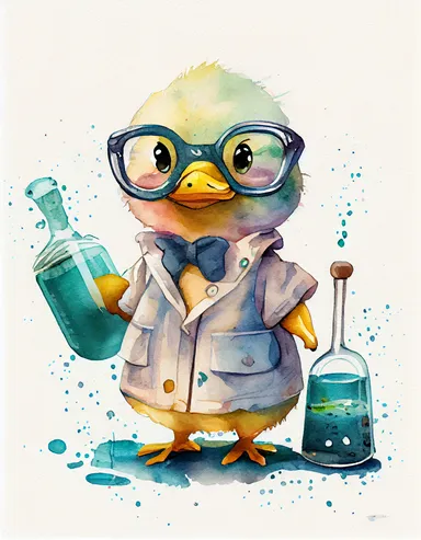 detailed watercolor kawaii duck with eyeglasses wearing a lab gown holding a test tube with chemicals, facing front, isolated on a white background, clipart