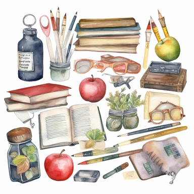 watercolour clipart of a class teacher stuff, teacher objects and elements, full length, high quality, very high details , white background