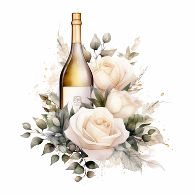 white beige rose border with leaves, champagnes bottle wedding, mystical, beautiful, white background, single clipart, halloween element, Sparkling ,watercolor