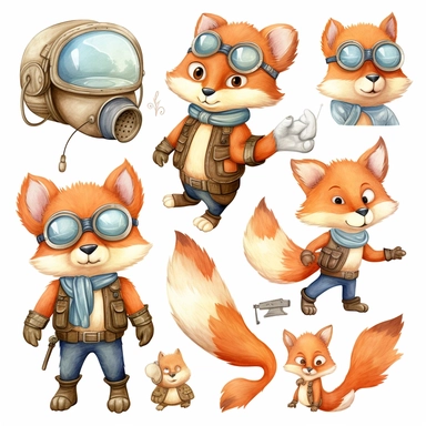 Wood Animals, Pilot Clipart, Aviator Clipart, cute sweet Fox Illustrations