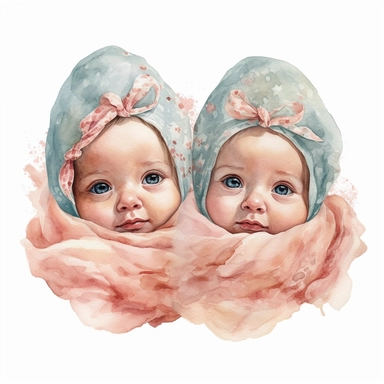 Watercolor cute new born twin baby on a cute blanket, clipart, singel clipart, High resolution, 8k