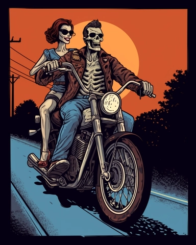 illustration of skeleton biker riding a Harley Davidson motorcycle with a female passenger riding on the back, style of 1950s comic book art, style of mike zeck, retro, 3-color lithograph, block print, linotype, flexographic clip art, posterized colors, isotype icon design, hand drawn illustration, primitive art, minimalist design, PNG cutout on white background