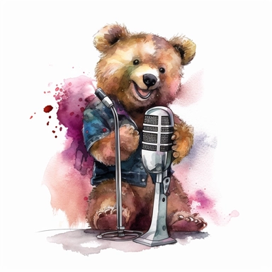 a watercolor of a realistic teddy bear, with a microphone, rock band style, vector free clipart illustration, in the style of unreal engine 5, 32k uhd, detailed features, white background