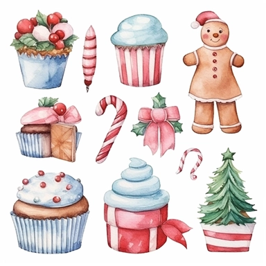 Watercolor decoration day, illustrations clipart set, simple, christmas colors , cartoon elements, different variants , , separate elements with a margin