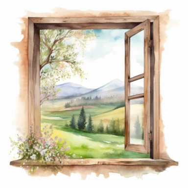 old wooden window frame clipart, through which you can see the spring hilly landscape , watercolor, white background