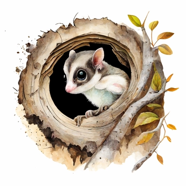 watercolor clipart of adorable sugar glider, looking out of a hole in the tree, white background