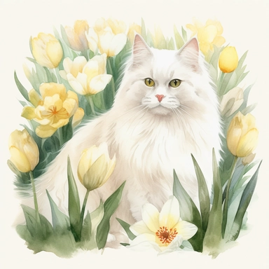 white fluffy cat with spring bulbs in flower and green foliage, Clipart pastel, style is watercolor, soft face, Adorable, Charming , Endearing , fluffy, Furry, Gentle, innocent Playful, Precious, soft, Sweet, Tender, Whimsical, 4k