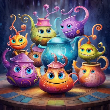 Whimsical magical wacky tea pots, dancing, large eyes, big smile, muted colors, swirls, twists, twirls, metallic, glitter, stylized, funny, centered, airbrushed, digital oil, detailed illustration, clip art, cartoon, 8k,-- ar 9:8